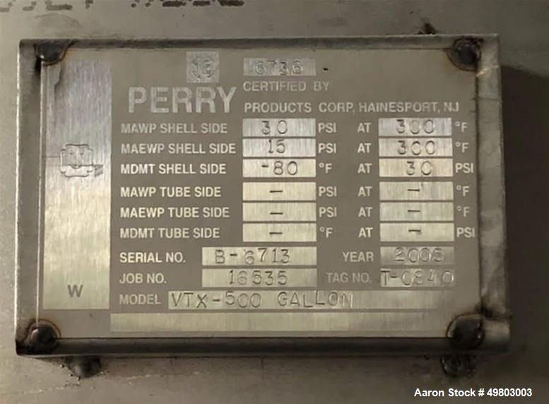 Used Perry Products Corp Tank, Approximate 500 Gallon, 304L Stainless Steel, Ve