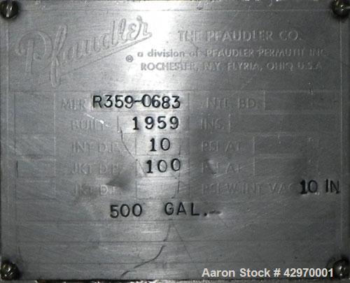 Used Pfaudler Tank, 500 Gallon, 304 Stainless Steel, Vertical. 66" Diameter x 42" straight side, dish top and sloped bottom. Internal design pressure 10 psi, jacket design pressure 100 psi, jacket le...
