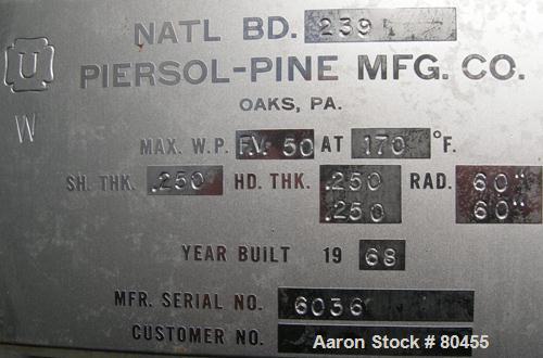 USED: Piersol Pine Mfg Co tank, 750 gallons, 304 stainless steel,vertical. 60" diameter x 70" straight side, dished heads. Vessel ratedfor 50/FV psi @ 170 deg F. Top openings: (1) 8", (2) 5" sanitary...