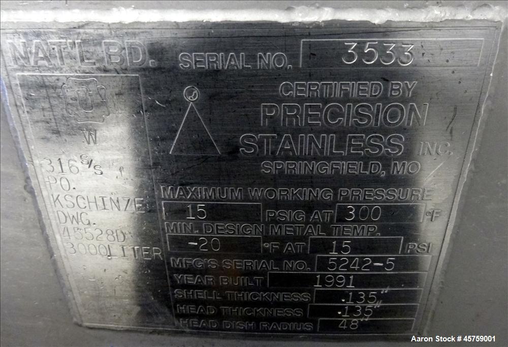 Used Precision Stainless Tank, Approximately 792 Gallon