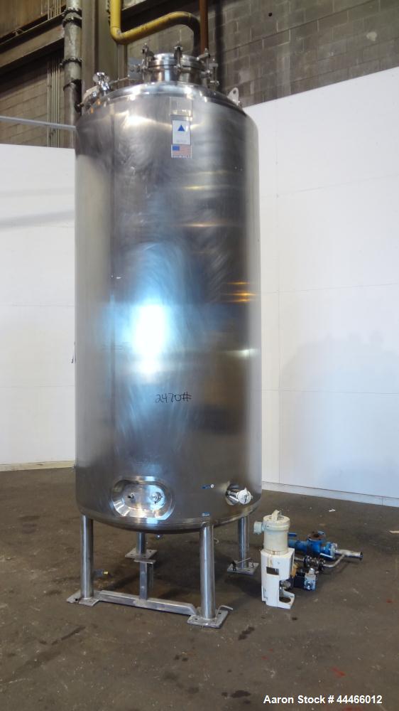 Used Precision Stainless Pressure Tank, 3000 Liter (792 Gallon), 316L Stainless Steel, Vertical. 48" Diameter x 100" straight side, dished top and bottom. Internal rated 45 psi at 300 degrees F, desi...