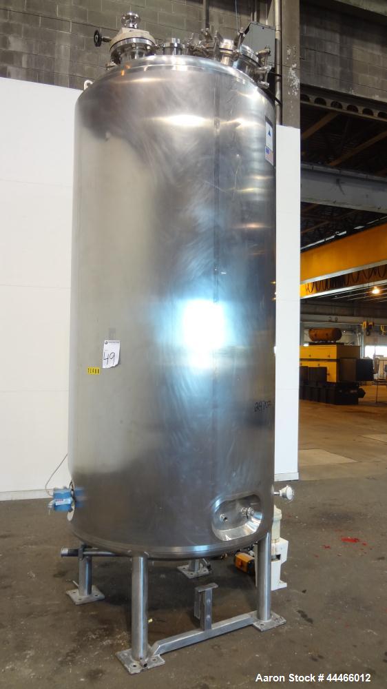 Used Precision Stainless Pressure Tank, 3000 Liter (792 Gallon), 316L Stainless Steel, Vertical. 48" Diameter x 100" straight side, dished top and bottom. Internal rated 45 psi at 300 degrees F, desi...