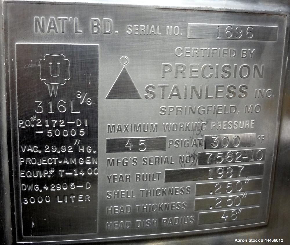 Used Precision Stainless Pressure Tank, 3000 Liter (792 Gallon), 316L Stainless Steel, Vertical. 48" Diameter x 100" straight side, dished top and bottom. Internal rated 45 psi at 300 degrees F, desi...