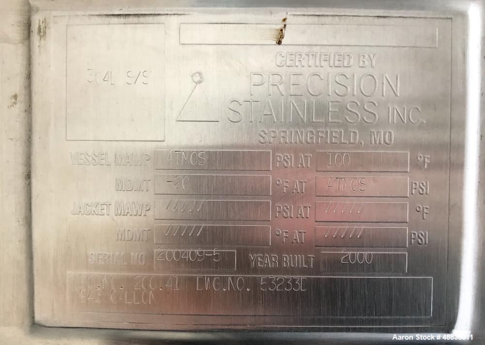Used Precision Stainless Tank, Approximately 943 Gallon, 304L Stainless Steel,
