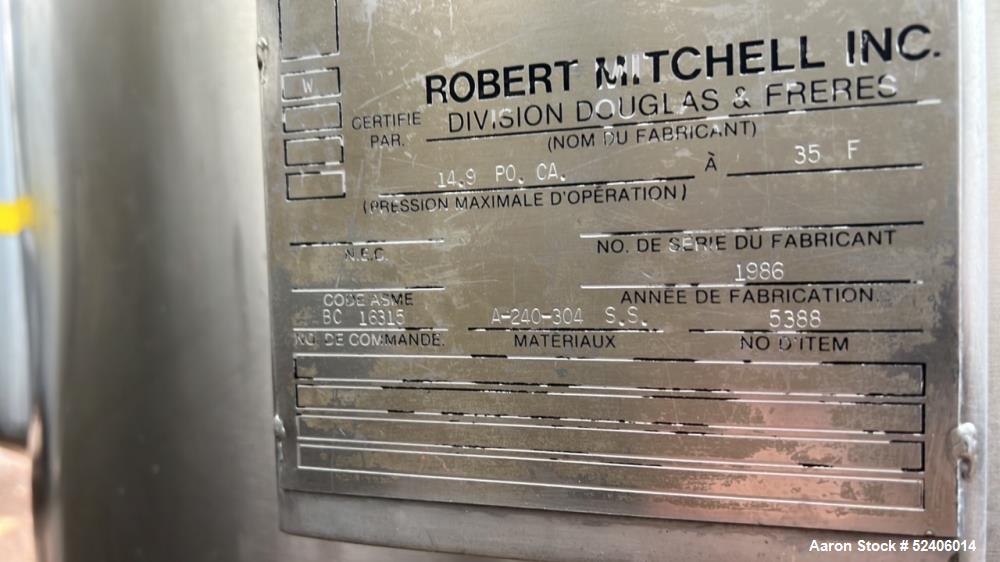 Used Robert Mitchell Balance Jacketed Tank, Approximate 700 Gallon, 304 Stainles
