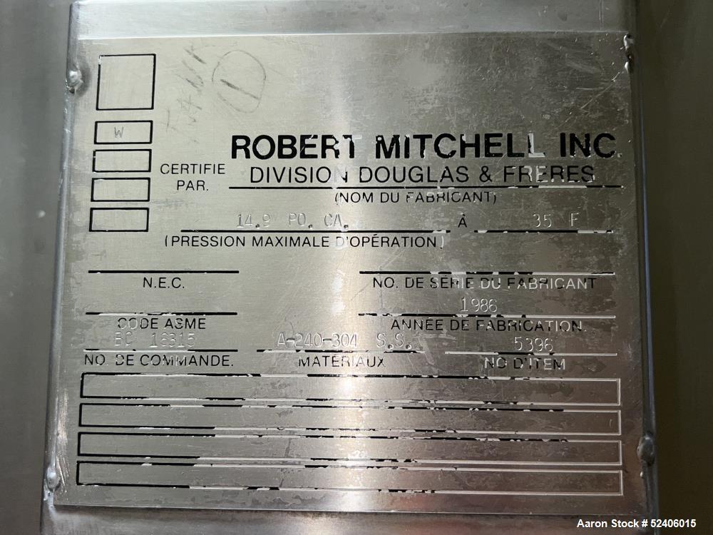 Used Robert Mitchell Balance Jacketed Tank, Approximate 700 Gallon, 304 Stainles