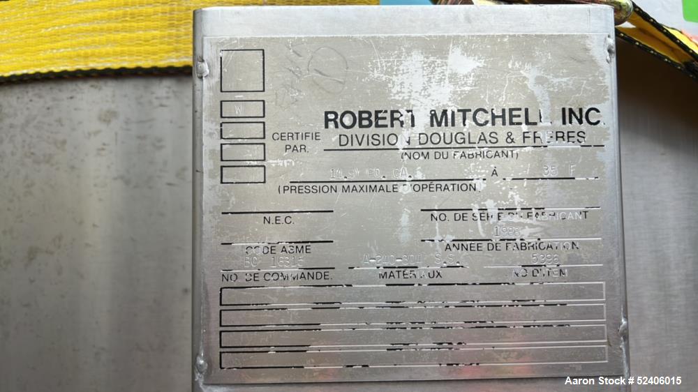 Used Robert Mitchell Balance Jacketed Tank, Approximate 700 Gallon, 304 Stainles