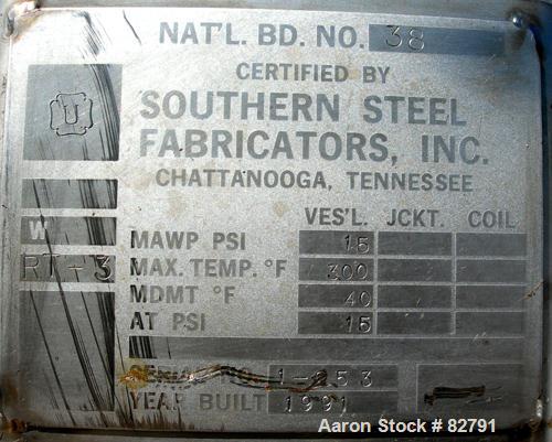 USED: Southern Steel pressure tank, 600 gallon, 304L stainless steel, vertical. 54" diameter x 60" straight side. Dished top, slight coned bottom. Internal rated 15 psi at 300 deg F. Openings: top (6...