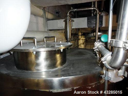 Used Tolan Tank, 850 Gallon, Stainless Steel. 48” Diameter x 108” straight side, flat top, dish bottom.  2" Center bottom outlet. Mounted on legs.