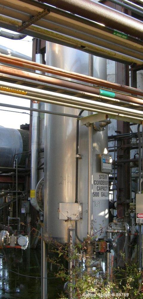 USED: Walker approximate 550 gallon, T304L stainless steel, tank. Approximately 3' diameter x 10' straight side. Dished heads. Miscellaneous side and top openings. 3" center bottom outlet. Built in 1...