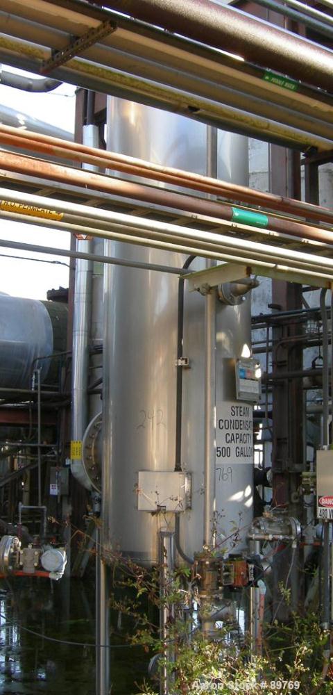 USED: Walker approximate 550 gallon, T304L stainless steel, tank. Approximately 3' diameter x 10' straight side. Dished heads. Miscellaneous side and top openings. 3" center bottom outlet. Built in 1...