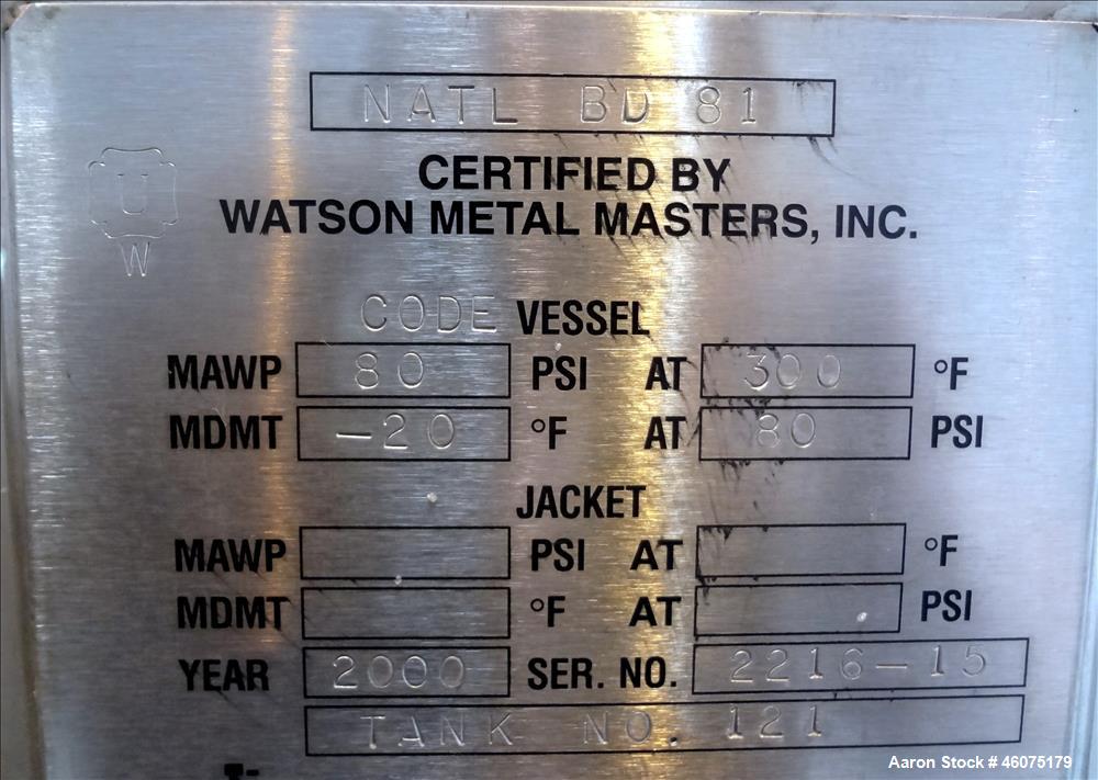 Used Watson Metal Masters Pressure Tank, 500 Gallon, 316L Stainless Steel, Vertical. 52" Diameter x 52" straight side, dished top & bottom. Internal rated 80 psi at -20 to 300 degrees F. Top openings...