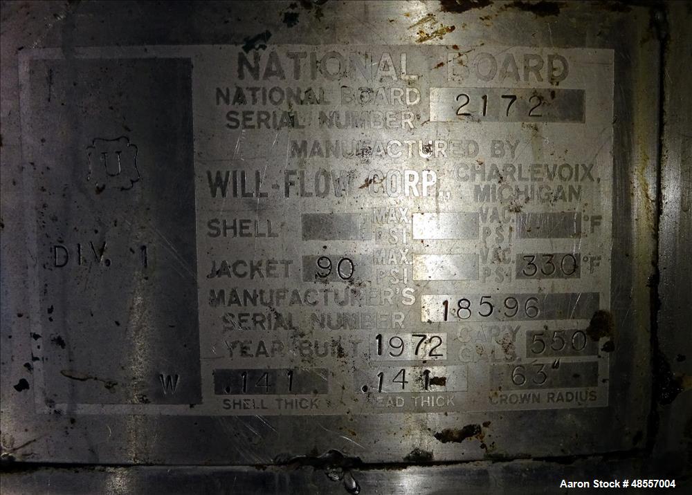 Used Will Flow Jacketed Tank, 550 Gallon, 316 Stainless Steel, Vertical.