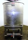Used Groen Tank, 500 Gallon, Model SP, 304 Stainless Steel, Vertical. Approximate 54” diameter x 55” straight side. Open top with ½ hinged cover, dished bottom. 2” Center bottom outlet. Mounted on 4 ...