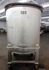 Used Groen Tank, 500 Gallon, Model SP, 304 Stainless Steel, Vertical. Approximate 54” diameter x 55” straight side. Open top with ½ hinged cover, dished bottom. 2” Center bottom outlet. Mounted on 4 ...