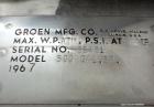 Used Groen Tank, 500 Gallon, Model SP, 304 Stainless Steel, Vertical. Approximate 54” diameter x 55” straight side. Open top with ½ hinged cover, dished bottom. 2” Center bottom outlet. Mounted on 4 ...