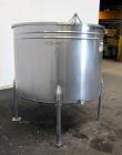 Used Tank, 580 Gallon, 304 Stainless Steel, Vertical. Approximate 62” diameter x 45” straight side, flat top with a bolt on cover with a 1/3 hinged opening, sloped bottom. Side bottom entering agitat...