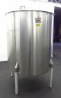 Used Perma-San Tank, 525 Gallon, Model OVS, 316 Stainless Steel, Vertical. Approximate 52” diameter x 58” straight side, Open top with (2) 1/3 hinged covers, sloped bottom. Clamp on Lightnin agitator...