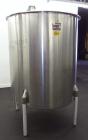 Used Perma-San Tank, 525 Gallon, Model OVS, 316 Stainless Steel, Vertical. Approximate 52” diameter x 58” straight side, Open top with (2) 1/3 hinged covers, sloped bottom. Clamp on Lightnin agitator...