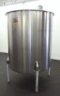 Used Perma-San Tank, 525 Gallon, Model OVS, 316 Stainless Steel, Vertical. Approximate 52” diameter x 58” straight side, Open top with (2) 1/3 hinged covers, sloped bottom. Clamp on Lightnin agitator...