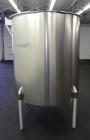 Used Perma-San Tank, 525 Gallon, Model OVS, 316 Stainless Steel, Vertical. Approximate 52” diameter x 58” straight side, Open top with (2) 1/3 covers, sloped bottom. Provision for a clamp on agitator...