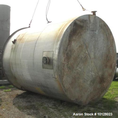 Used 11,900 Gallon Vertical Stainless Steel Tank. Interior dimensions 140" diameter x 175" tall, open top, sloped bottom with a 5" flanged outlet that drops down and out to the side. Side has a 6" fl...