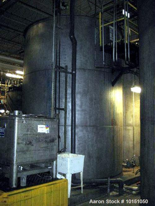 Used Approximate 10,000 gallon vertical 304 stainless steel tank. 10' Diameter x 16' straight side. With flat top and sloped bottom heads.