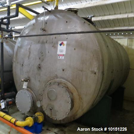 Used- 5,375 Gallon Capacity, Horizontal Stainless Steel Tank. 8'5" in diameter x 12'8" long. Dished on both ends.