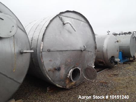 Used 5900 Gallon (Approximately), 304 Stainless Steel Vertical Storage Tank. Approximately 9'3" diameter x 12' Straight Side. Cone Top. Flat Bottom. Top Head has 3-2" couplings, 1-2" center vent and ...