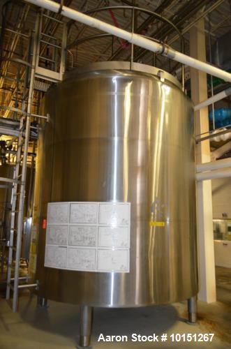 Used- 6,000 Gallon (Approximately) Stainless Steel Vertical Aseptic Product Tank. Dome top, flat bottom off center. Top moun...