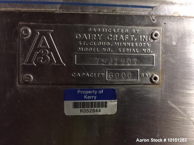 Used Approximate 6,000 Gallon Dairy Craft Vertical Stainless Steel Tank. Jacketed, sanitary polished, side entering agitator. Last used in dairy application.