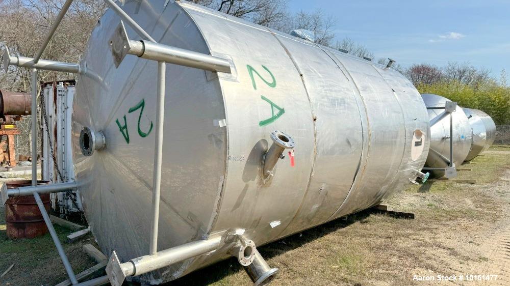 Used Stainless Steel Tank.  Approximately 7,000 gallon; 9' diameter x 15' straight side; Vetical; Slight coned top and bottom; Approximately 4" center bottom outlet; on (6) stainless steel legs.