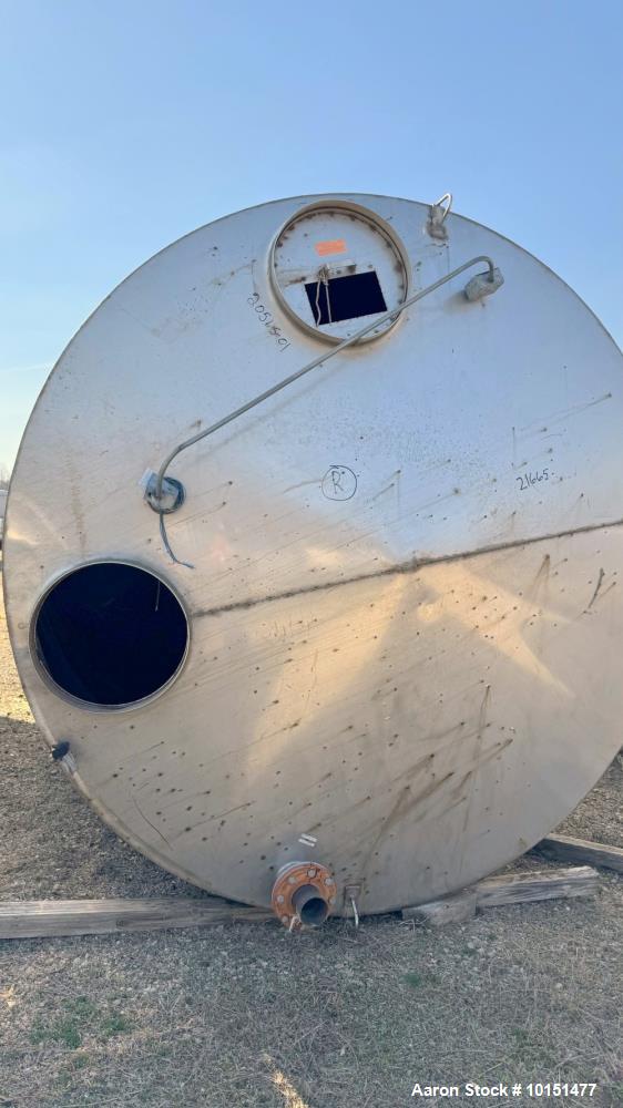 Used Stainless Steel Tank.  Approximately 7,000 gallon; 9' diameter x 15' straight side; Vetical; Slight coned top and bottom; Approximately 4" center bottom outlet; on (6) stainless steel legs.