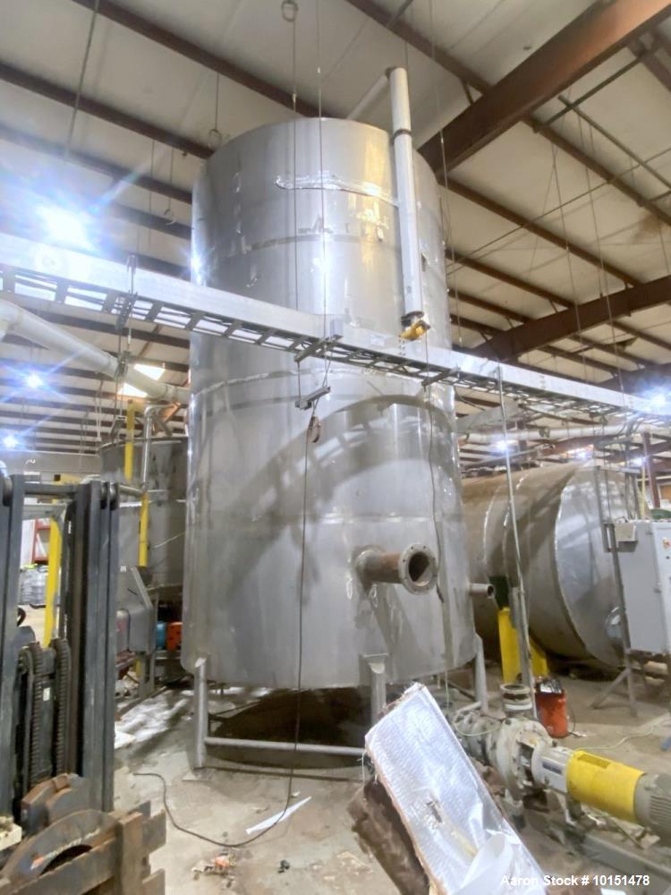 Used Stainless Steel Tank.  Approximately 7,000 gallon; 9' diameter x 15' straight side; Vetical; Slight coned top and bottom; Approximately 4" center bottom outlet; on (6) stainless steel legs.