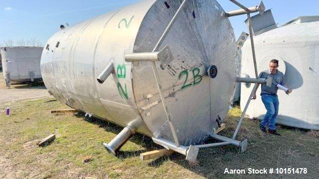 Used Stainless Steel Tank.  Approximately 7,000 gallon; 9' diameter x 15' straight side; Vetical; Slight coned top and bottom; Approximately 4" center bottom outlet; on (6) stainless steel legs.