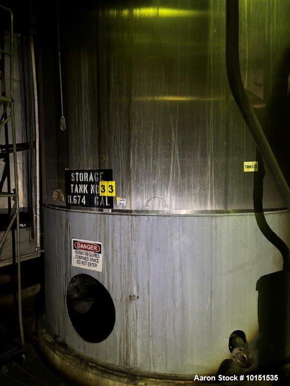 Used 11,000 Gallon Stainless Steel Tank – Dished Top & Bottom, 120" Dia, Leg-Mounted