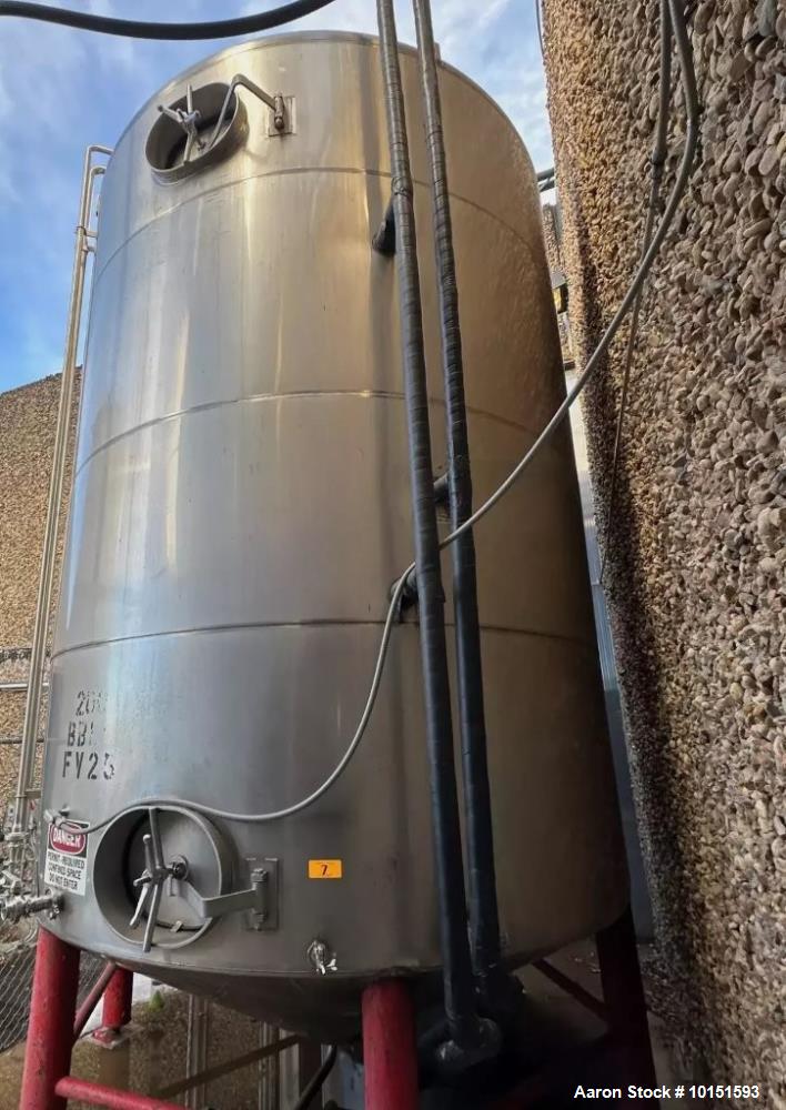 Used Approximately 8,400 Gallon (200 BBL) Stainless Steel, Jacketed Tank. Approximate 10' diameter. x 18'6" overall height. Dished top, cone bottom. Glycol Jacketed, Zwickel Valve, Top and Bottom Man...
