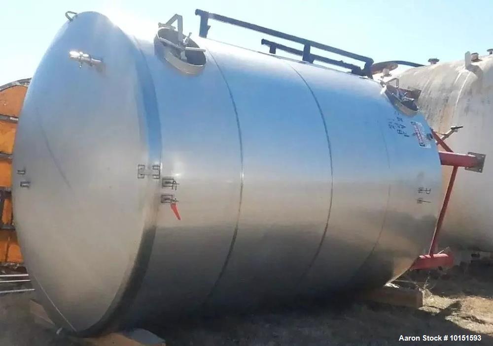 Used Approximately 8,400 Gallon (200 BBL) Stainless Steel, Jacketed Tank. Approximate 10' diameter. x 18'6" overall height. Dished top, cone bottom. Glycol Jacketed, Zwickel Valve, Top and Bottom Man...