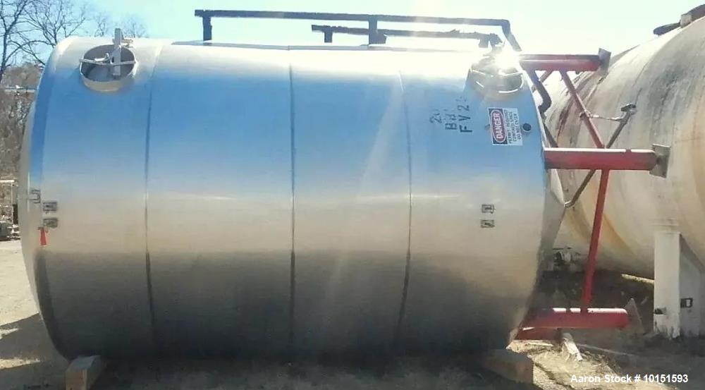 Used Approximately 8,400 Gallon (200 BBL) Stainless Steel, Jacketed Tank. Approximate 10' diameter. x 18'6" overall height. Dished top, cone bottom. Glycol Jacketed, Zwickel Valve, Top and Bottom Man...
