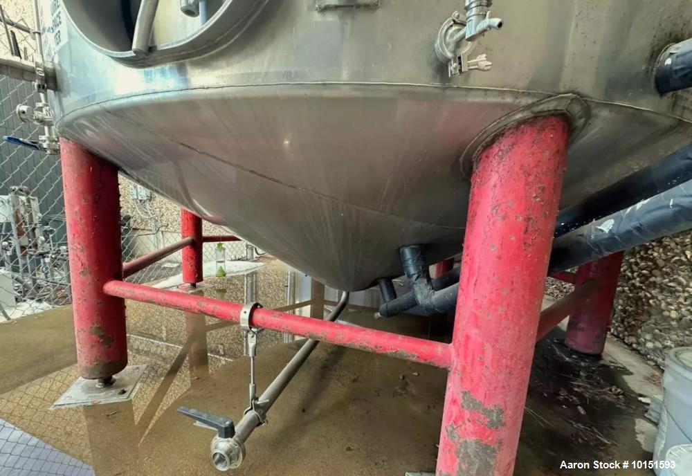 Used Approximately 8,400 Gallon (200 BBL) Stainless Steel, Jacketed Tank. Approximate 10' diameter. x 18'6" overall height. Dished top, cone bottom. Glycol Jacketed, Zwickel Valve, Top and Bottom Man...