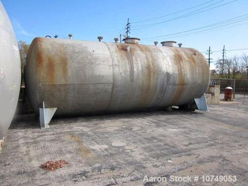 Used Approximately 15,000 Gallon 316 Stainless Steel Horizontal Storage Tank.  Approximately 10' diameter x 24' straight side.  Dished heads.  Various top openings.