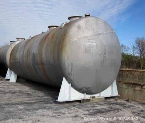 Used Approximately 15,000 Gallon 316 Stainless Steel Horizontal Storage Tank.  Approximately 10' diameter x 24' straight side.  Dished heads.  Various top openings.