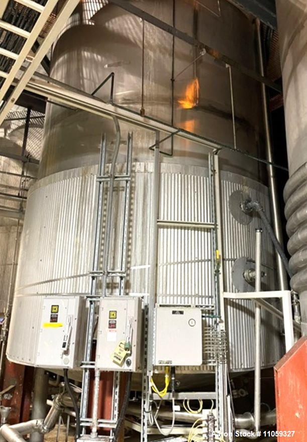 Used- 10,000 Gallon Jacketed Stainless Steel Dish Bottom Mix Tank. 10' Dia. X 16' T/T (22'9" Overall Height). Half Pipe Stai...