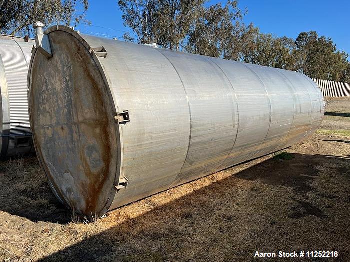 Used-Stainless Steel Bulk Storage Tank, Approximately 8,600 Gallon capacity, 304 Stainless Steel. Vessel measures 94" diamet...