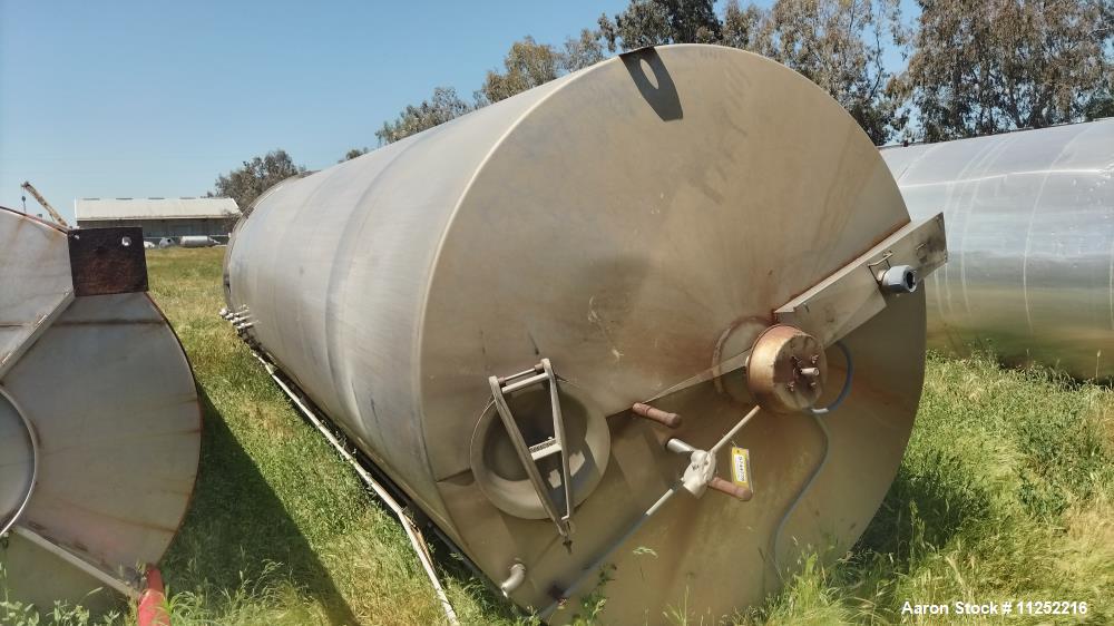 Gebrauchter Edelstahl-Bulk-Lagertank, ca. 8.600 Gallonen Fassungsvermögen, Edelstahl 304. Das Gefäß misst 94' Durchmesser x ...