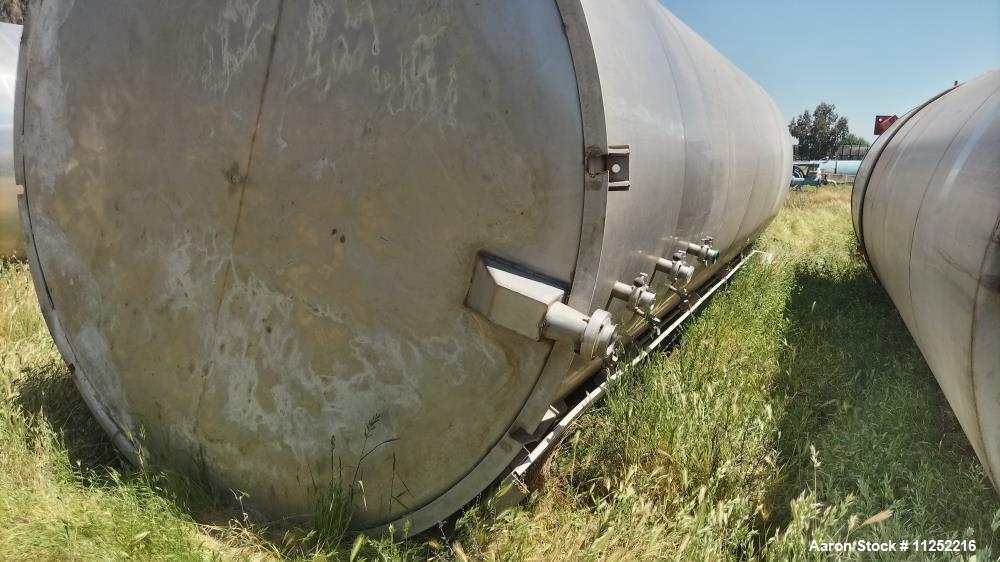 Used-Stainless Steel Bulk Storage Tank, Approximately 8,600 Gallon capacity, 304 Stainless Steel. Vessel measures 94" diamet...