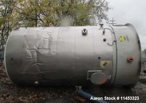 Used 12,000 Gallon, 304 Stainless Steel Tank. 12' diameter x 16' straight side; 4' carbon steel skirt. Dished ends, 24" side bottom manway with top entering 2 tier 3 blade turbine style Chemineer agi...
