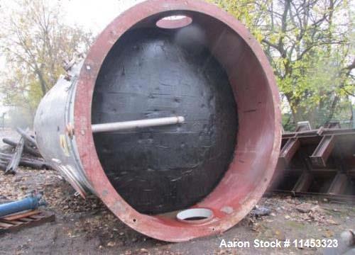 Used 12,000 Gallon, 304 Stainless Steel Tank. 12' diameter x 16' straight side; 4' carbon steel skirt. Dished ends, 24" side bottom manway with top entering 2 tier 3 blade turbine style Chemineer agi...