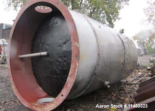 Used 12,000 Gallon, 304 Stainless Steel Tank. 12' diameter x 16' straight side; 4' carbon steel skirt. Dished ends, 24" side bottom manway with top entering 2 tier 3 blade turbine style Chemineer agi...