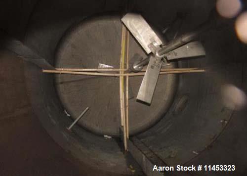 Used 12,000 Gallon, 304 Stainless Steel Tank. 12' diameter x 16' straight side; 4' carbon steel skirt. Dished ends, 24" side bottom manway with top entering 2 tier 3 blade turbine style Chemineer agi...